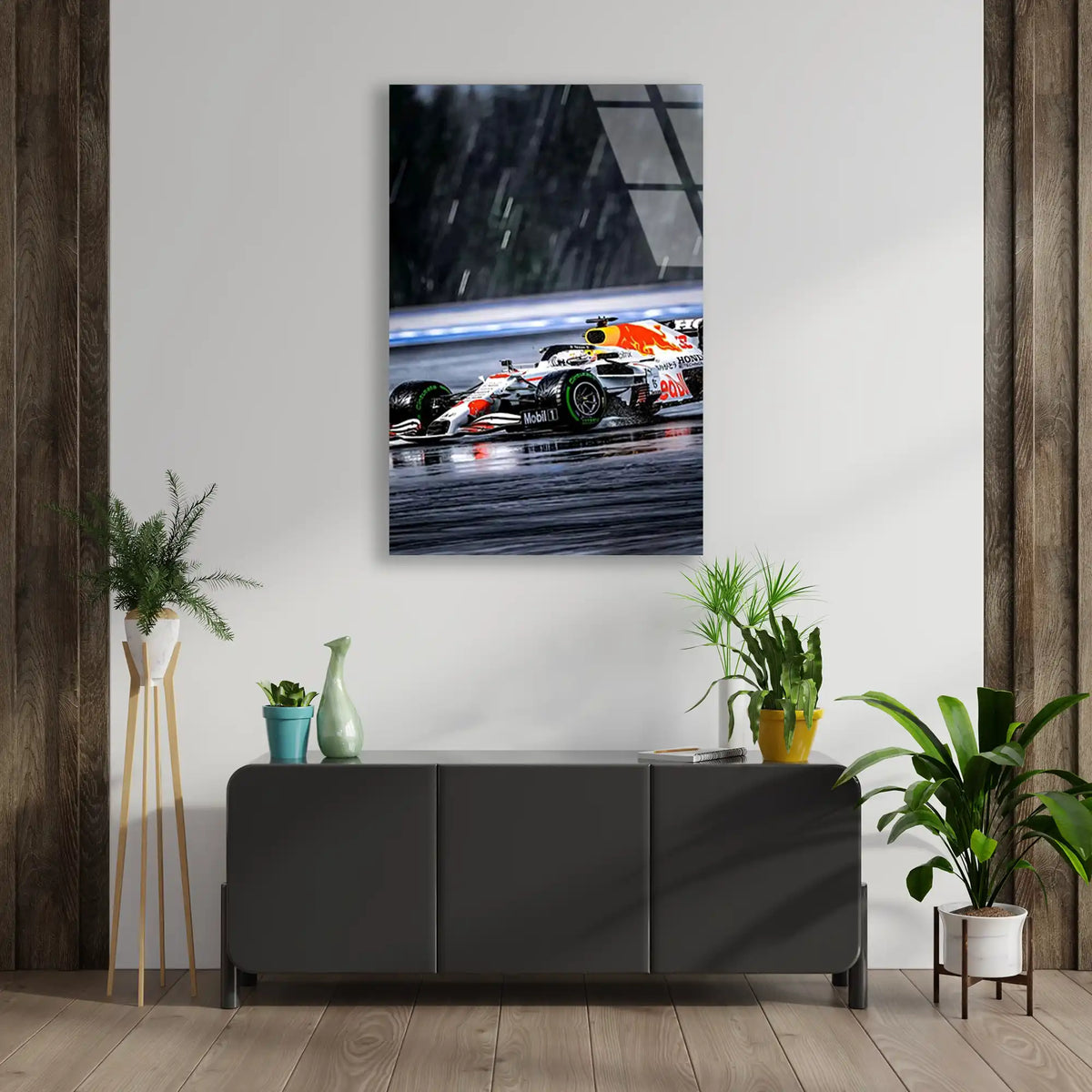 Red Bull Beyaz Livery Yağmurda F1 Cam Tablo – Formula 1 Duvar Dekoru - DEG0857