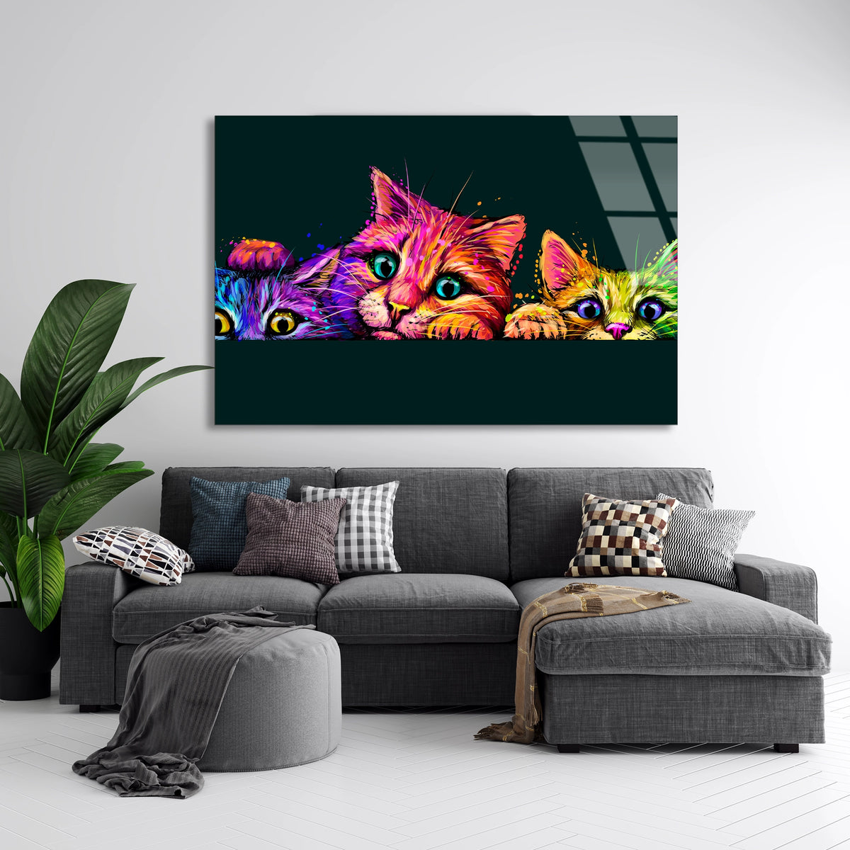 Renkli Kediler Pop Art Cam Tablo