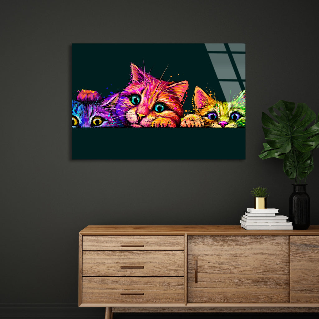 Renkli Kediler Pop Art Cam Tablo