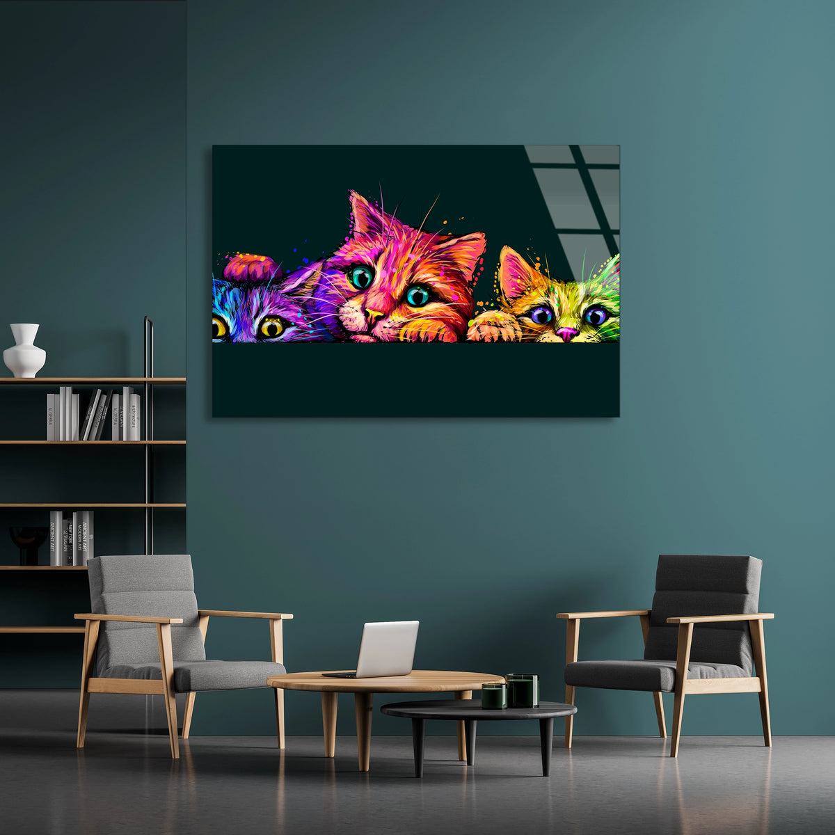 Renkli Kediler Pop Art Cam Tablo