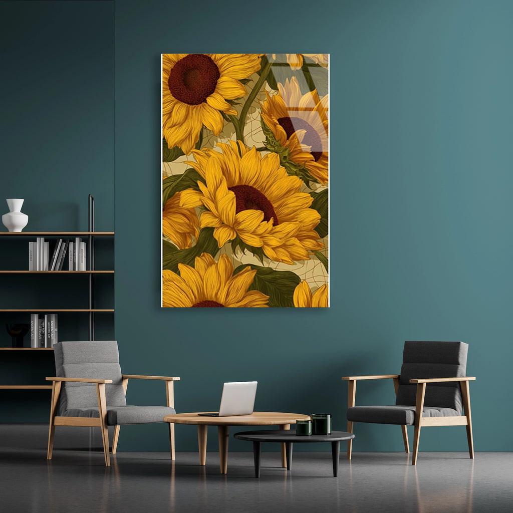 Sari Aycicekleri Deseni Cam Tablo