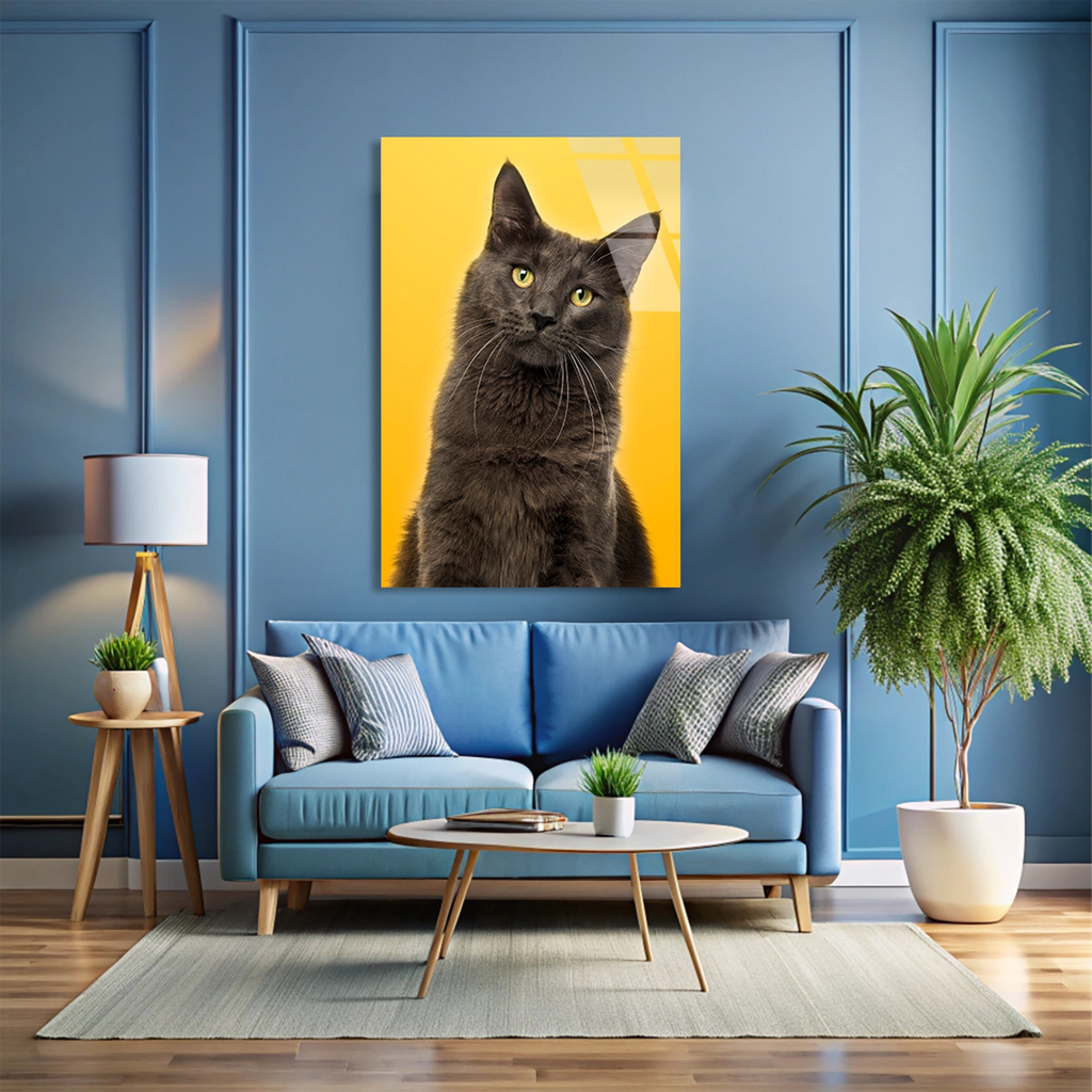 Sarı Fonda Gri Kedi Cam Tablo – Hayvan Duvar Dekoru - DEG0931