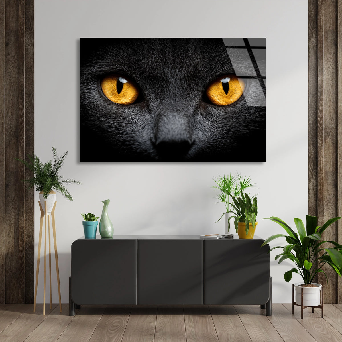 Sarı Gözlü Kedi Cam Tablo