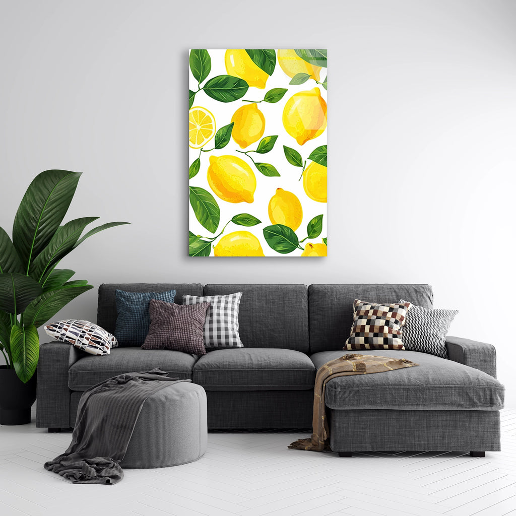 Sari Limon Yapraklar Deseni Cam Tablo