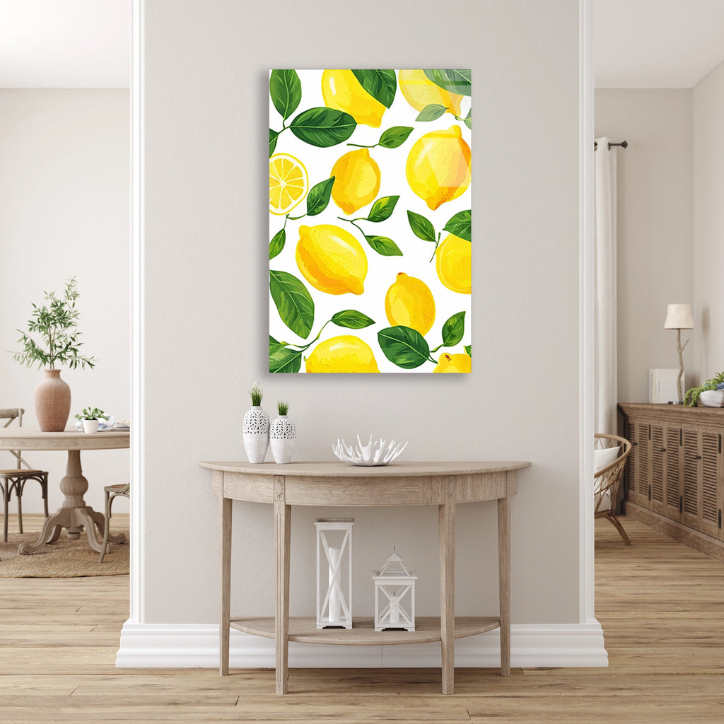 Sari Limon Yapraklar Deseni Cam Tablo