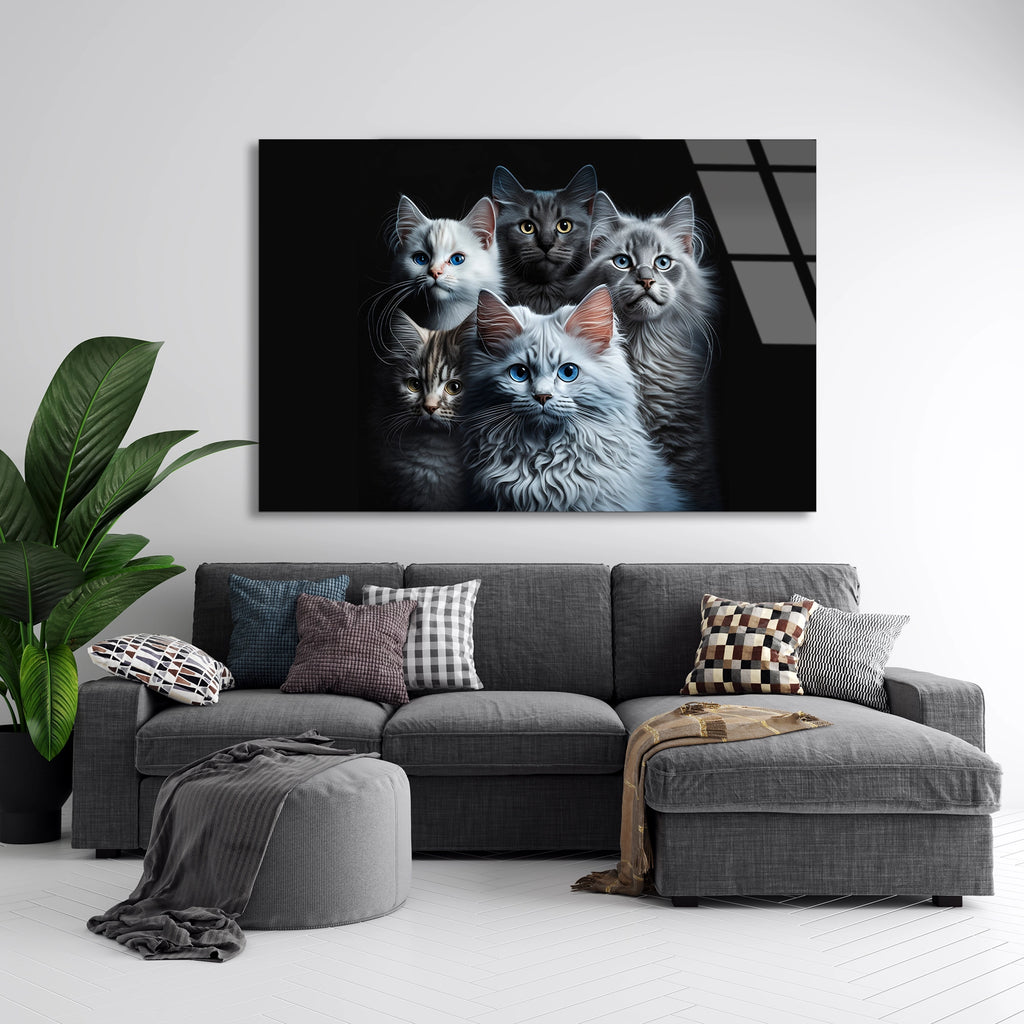 Sevimli Kedi Ailesi Cam Tablo