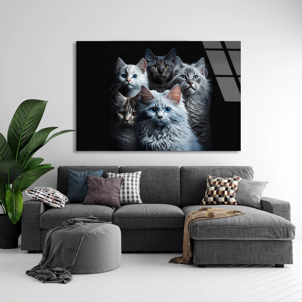 Sevimli Kedi Ailesi Cam Tablo