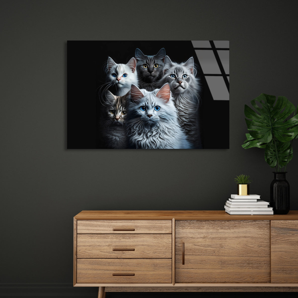Sevimli Kedi Ailesi Cam Tablo