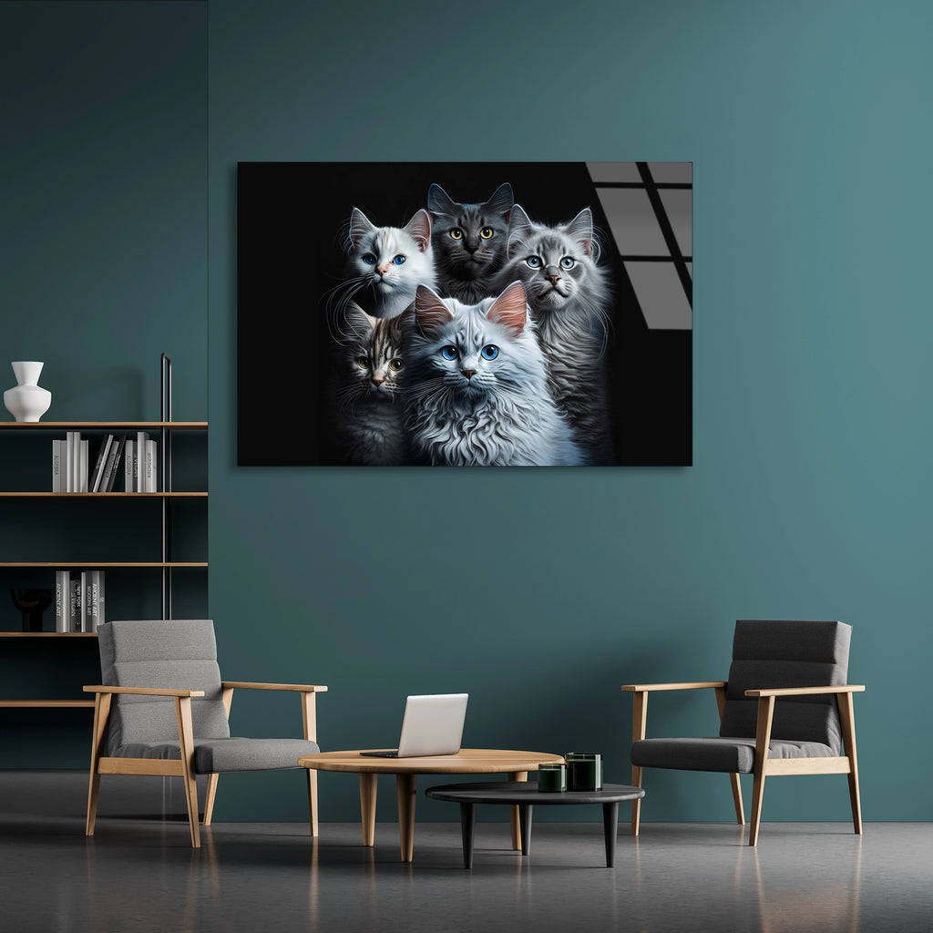 Sevimli Kedi Ailesi Cam Tablo