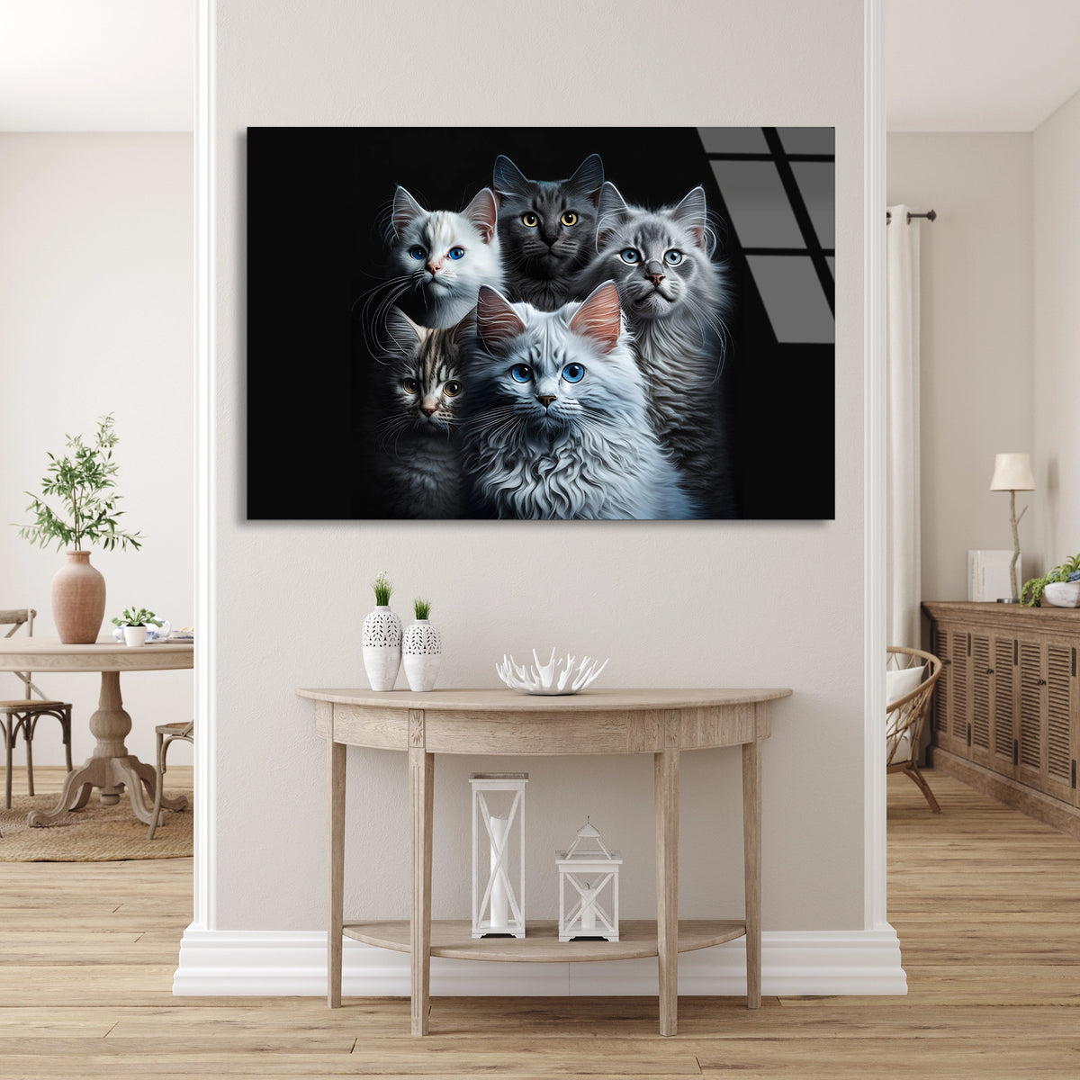 Sevimli Kedi Ailesi Cam Tablo