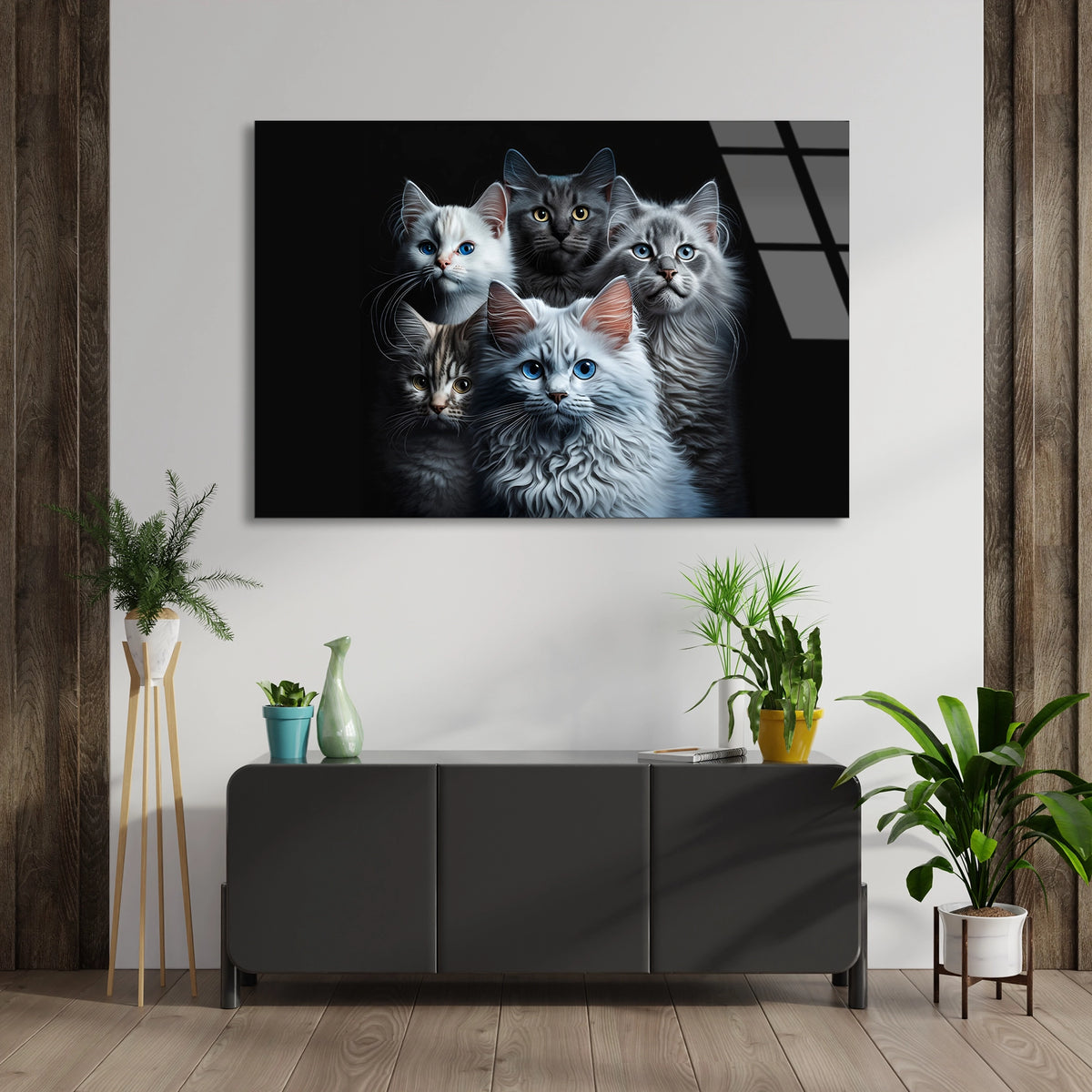 Sevimli Kedi Ailesi Cam Tablo
