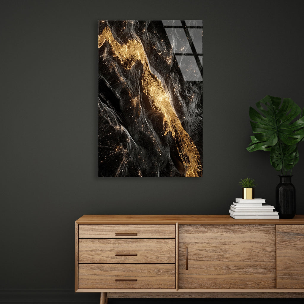 Siyah Altın Mermer Dalga Cam Tablo