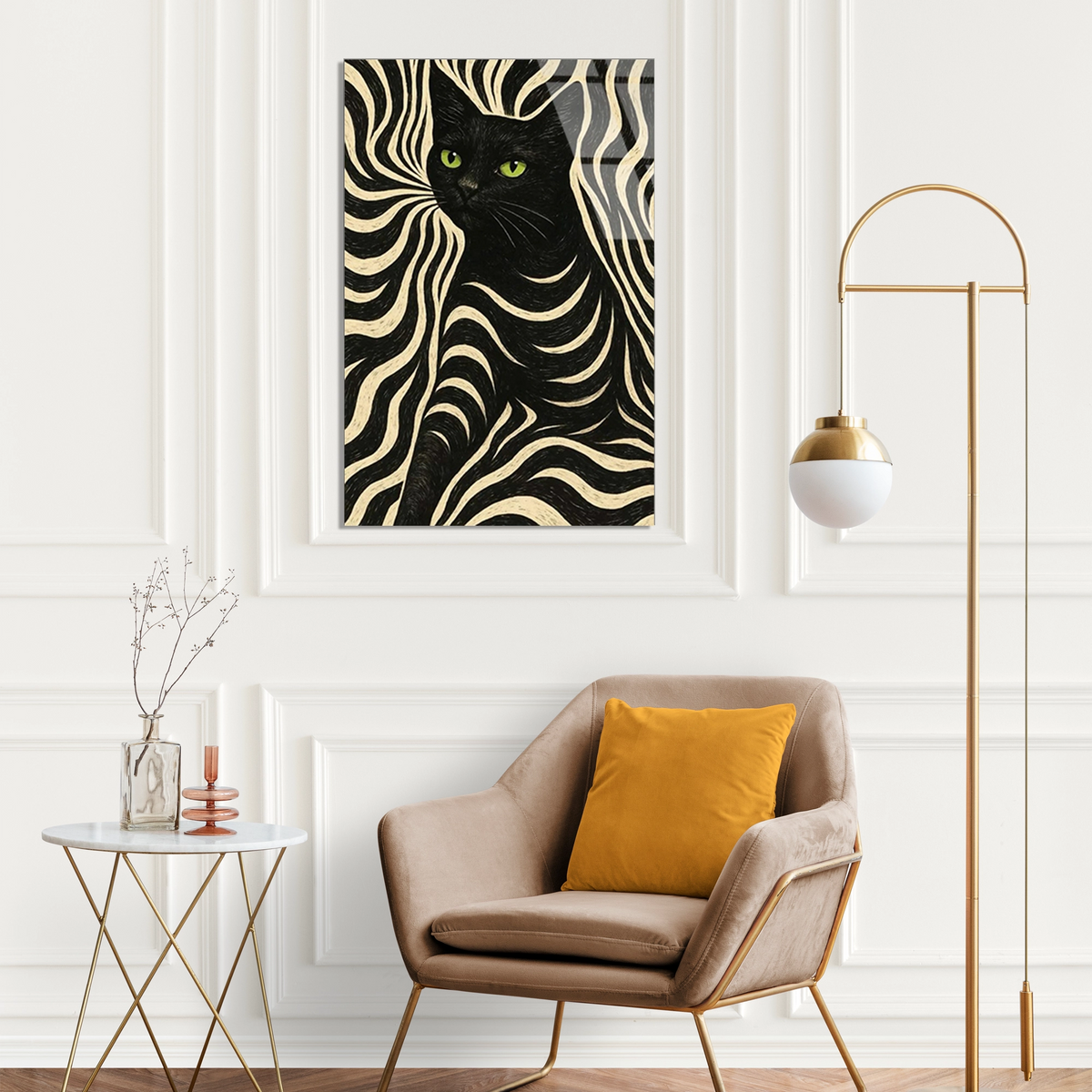Siyah Kedi Deseni Cam Tablo