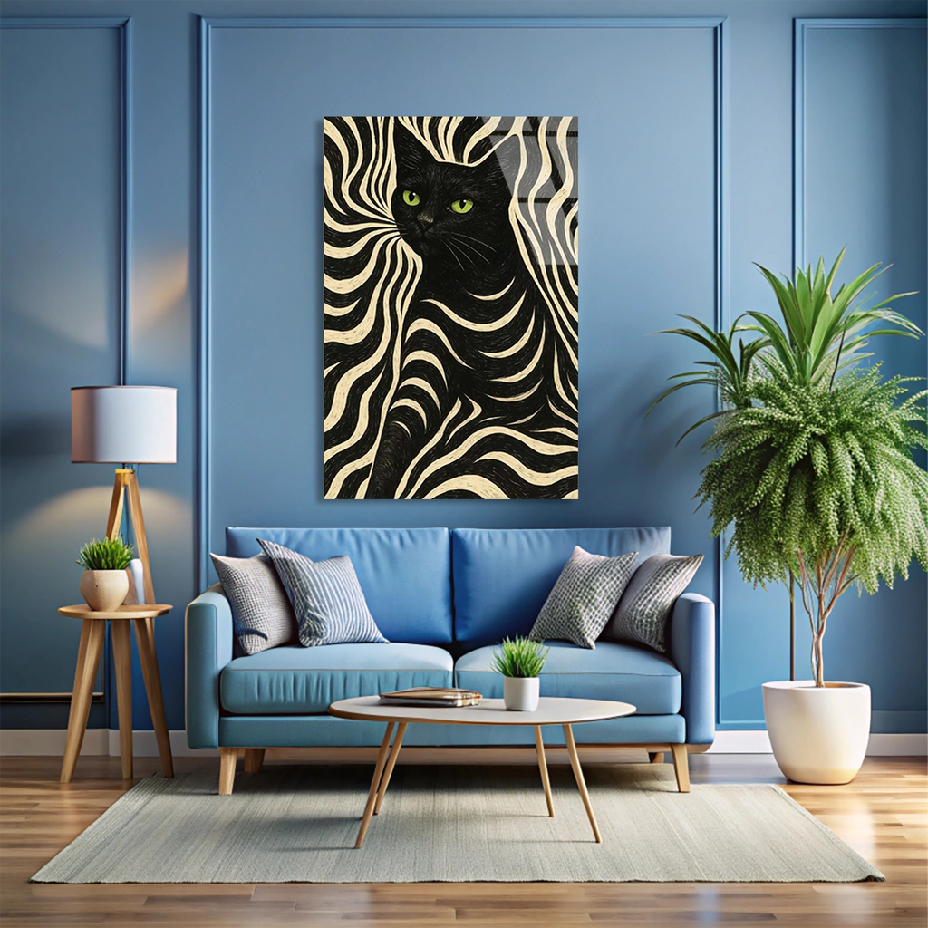 Siyah Kedi Deseni Cam Tablo