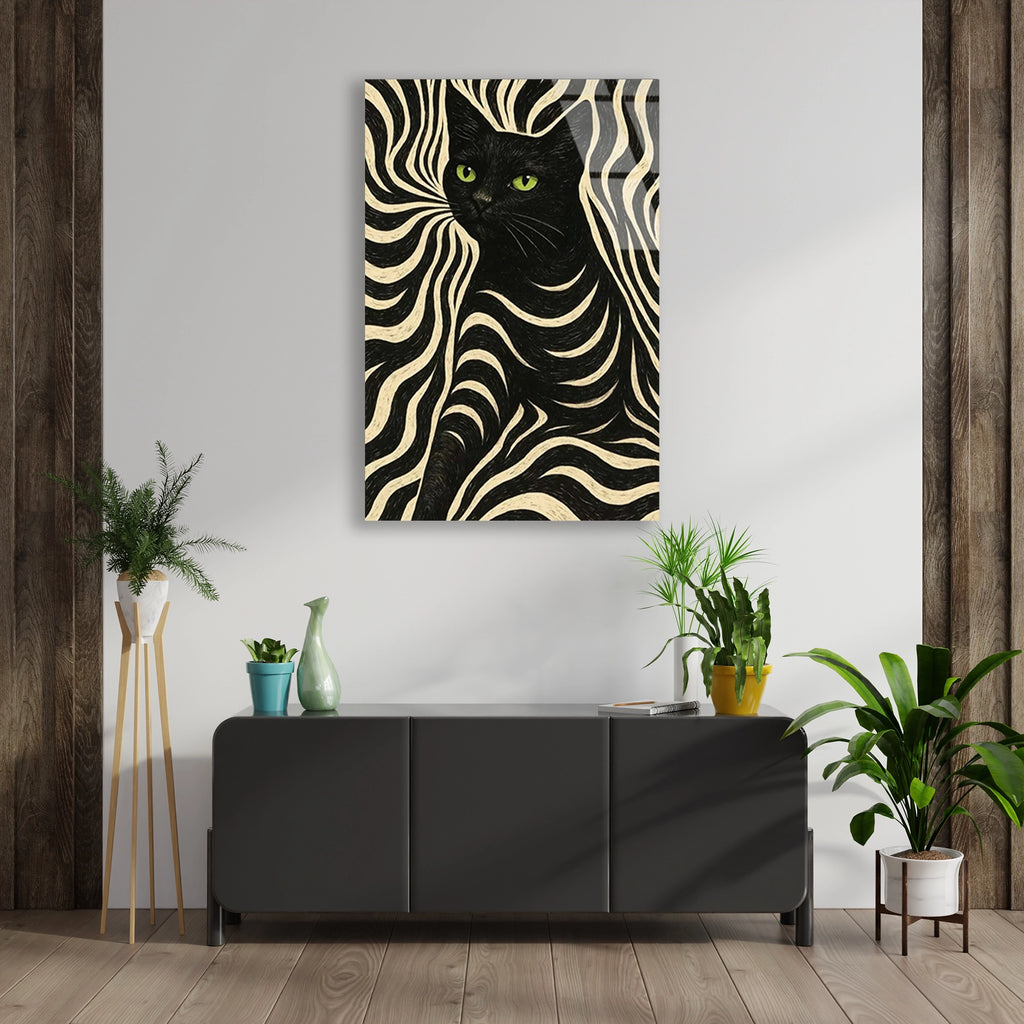 Siyah Kedi Deseni Cam Tablo
