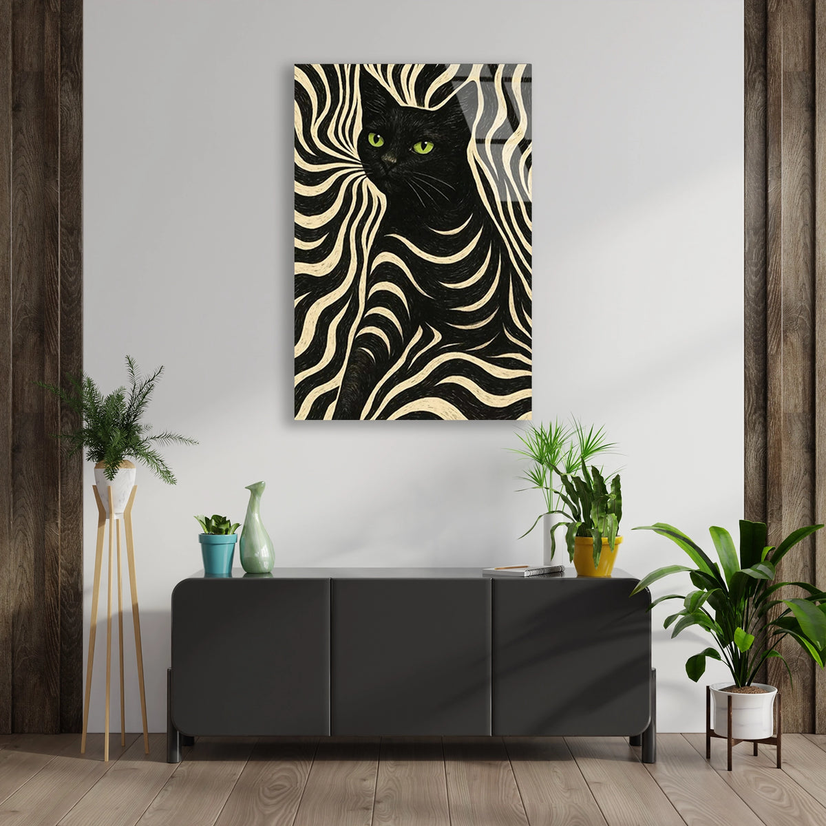 Siyah Kedi Deseni Cam Tablo