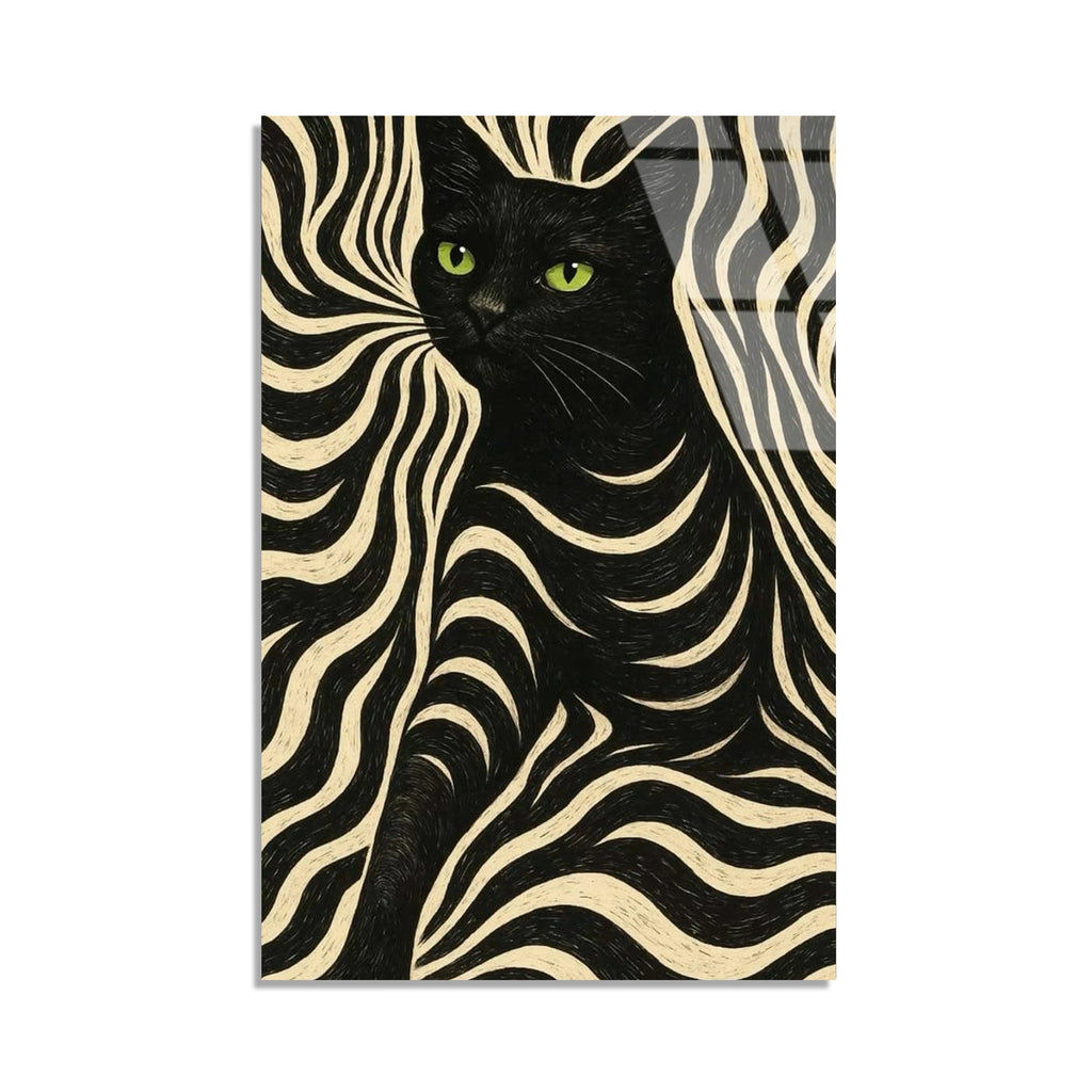 Siyah Kedi Zebra Deseni Cam Tablo