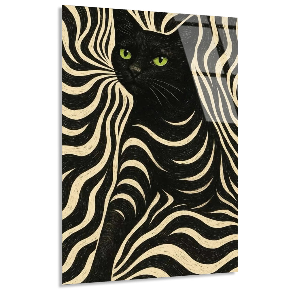 Siyah Kedi Zebra Deseni Cam Tablo