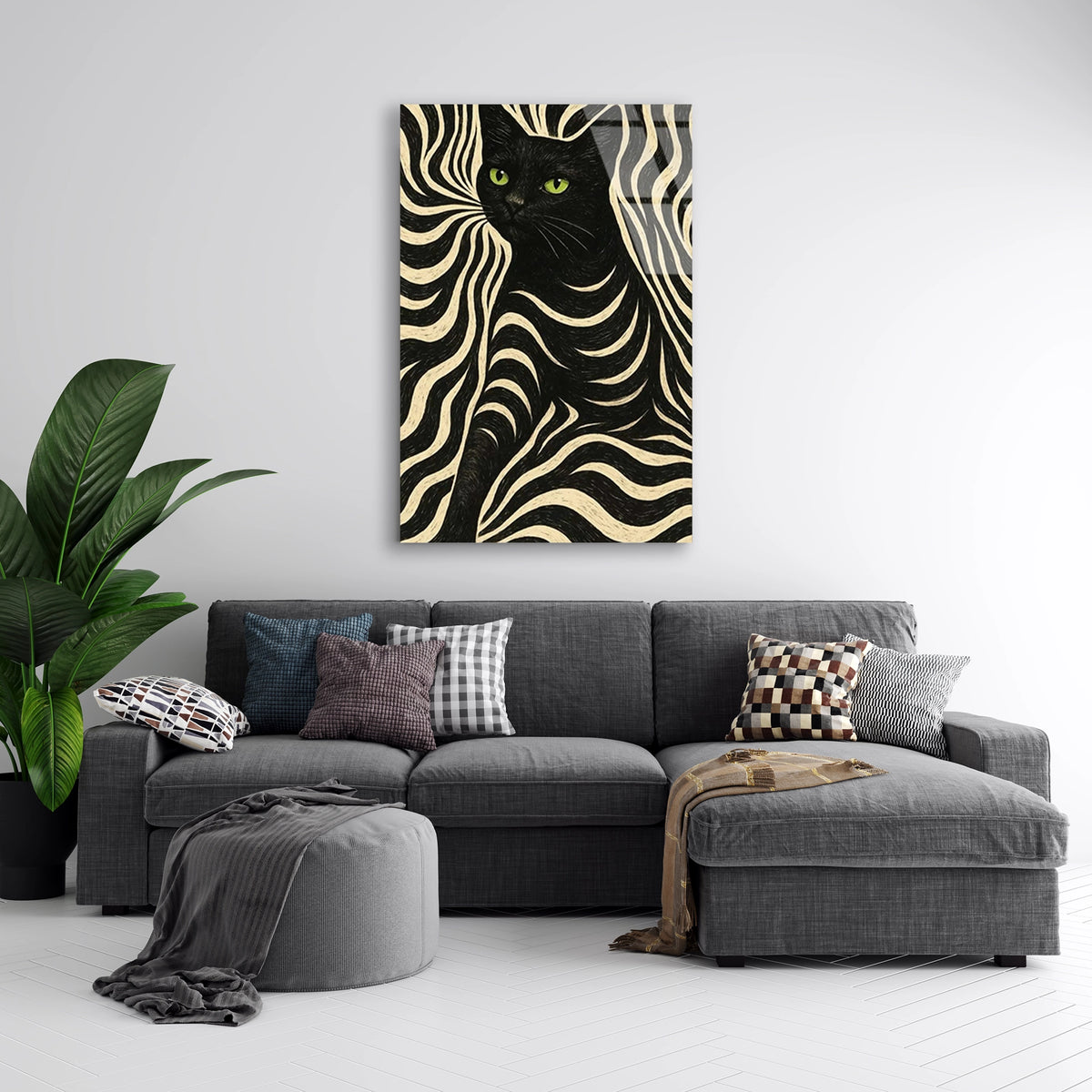 Siyah Kedi Zebra Deseni Cam Tablo