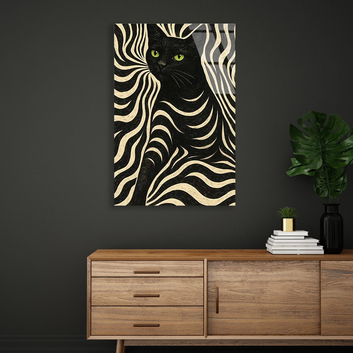 Siyah Kedi Zebra Deseni Cam Tablo
