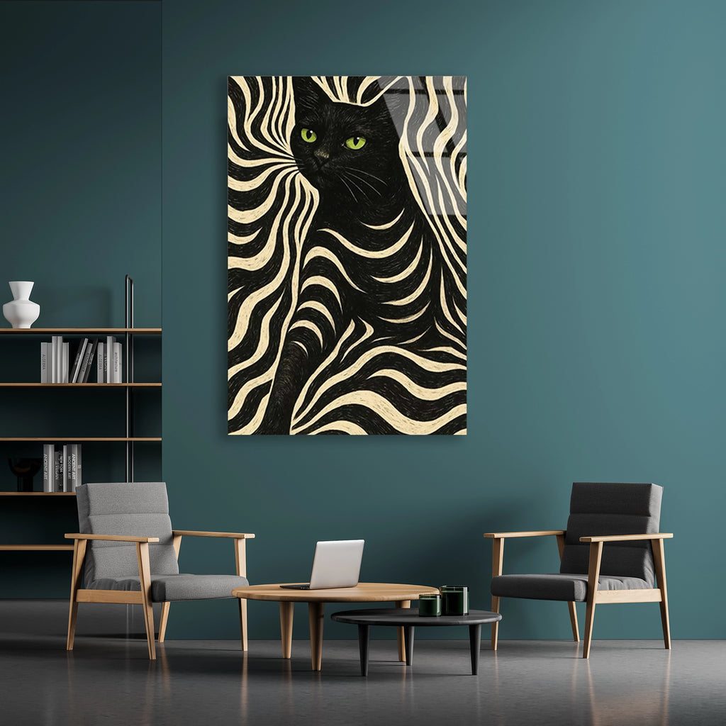 Siyah Kedi Zebra Deseni Cam Tablo