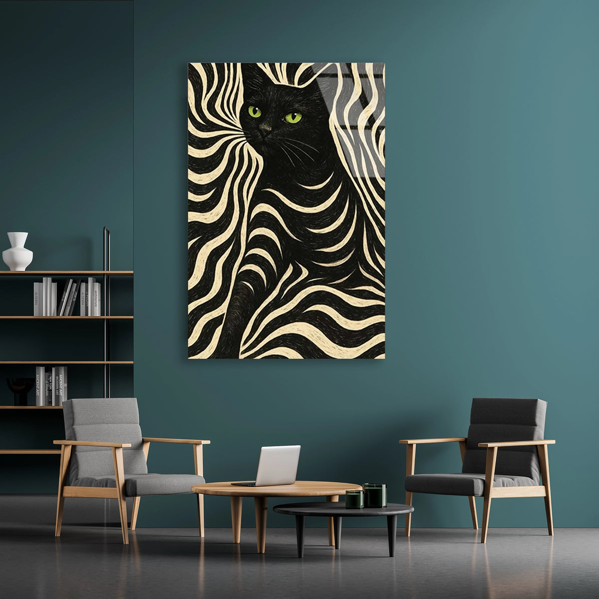 Siyah Kedi Zebra Deseni Cam Tablo