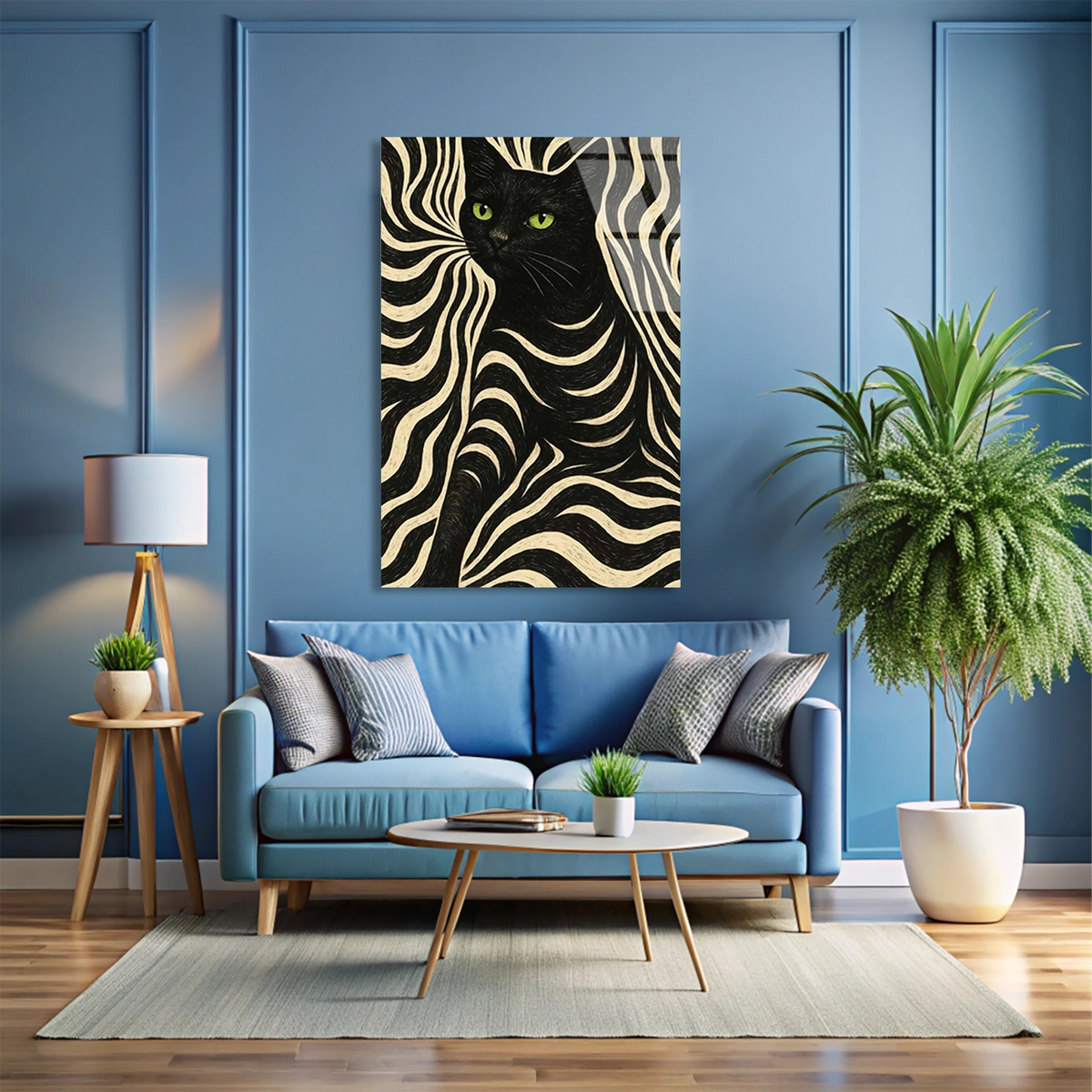 Siyah Kedi Zebra Deseni Cam Tablo