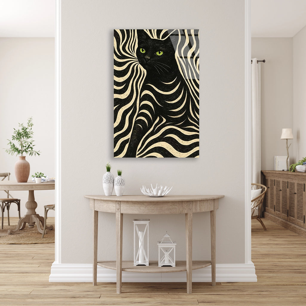 Siyah Kedi Zebra Deseni Cam Tablo