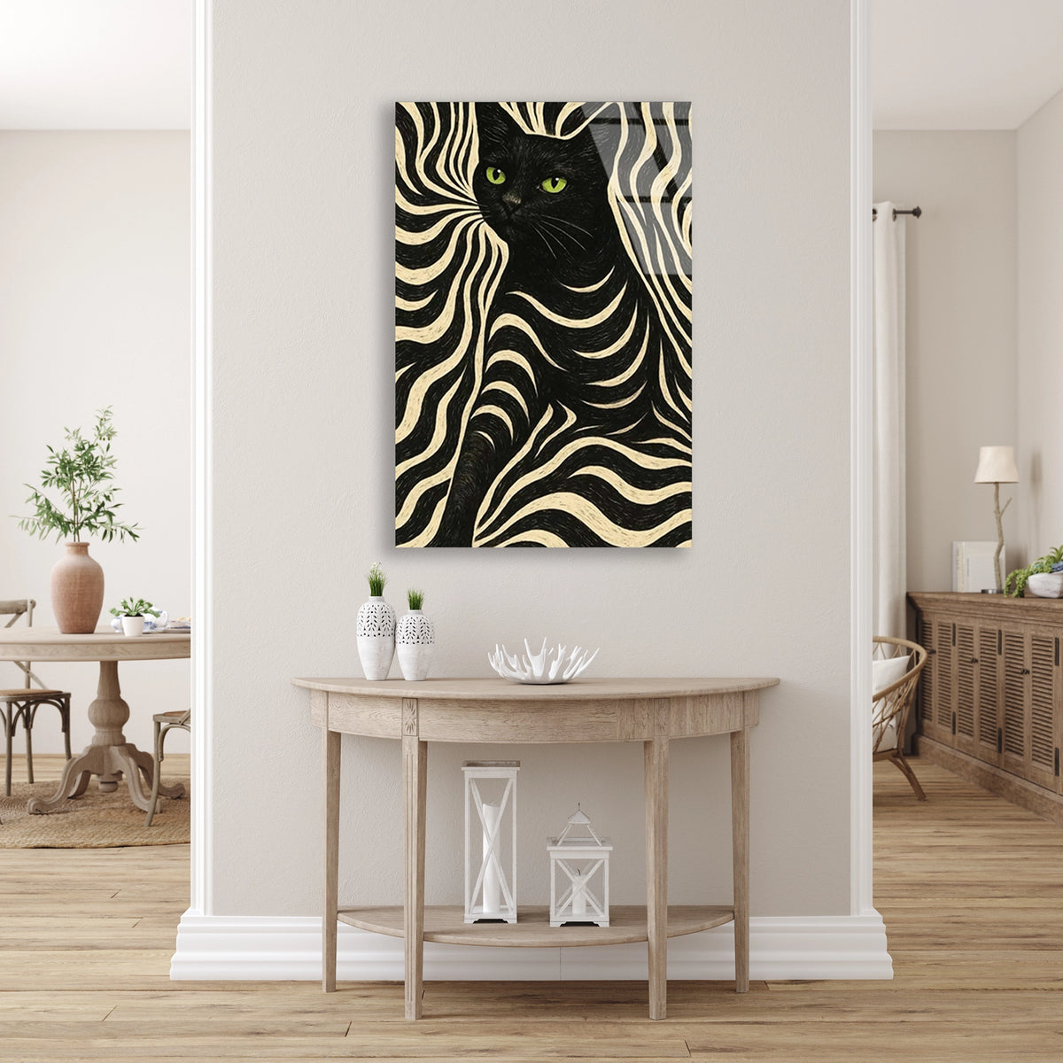 Siyah Kedi Zebra Deseni Cam Tablo