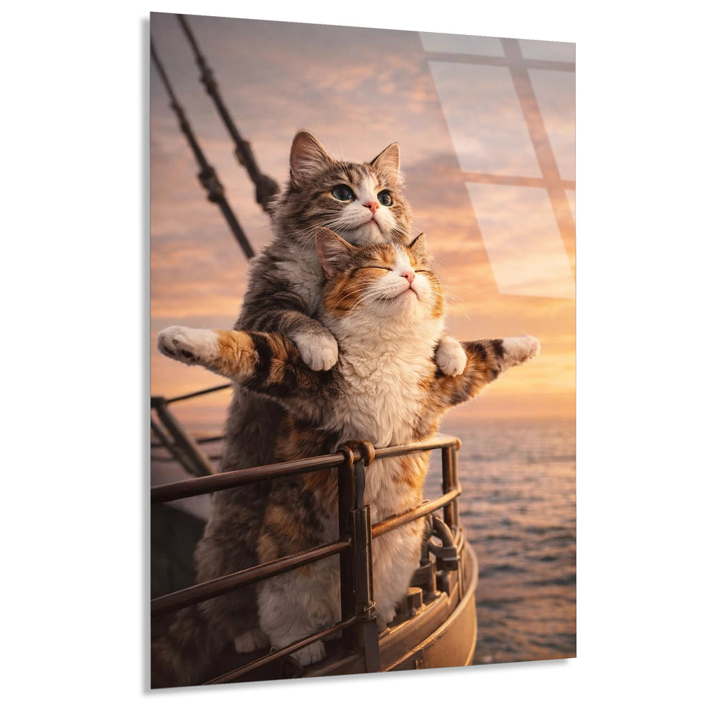 Teknede Kedi Gun Batimi Cam Tablo