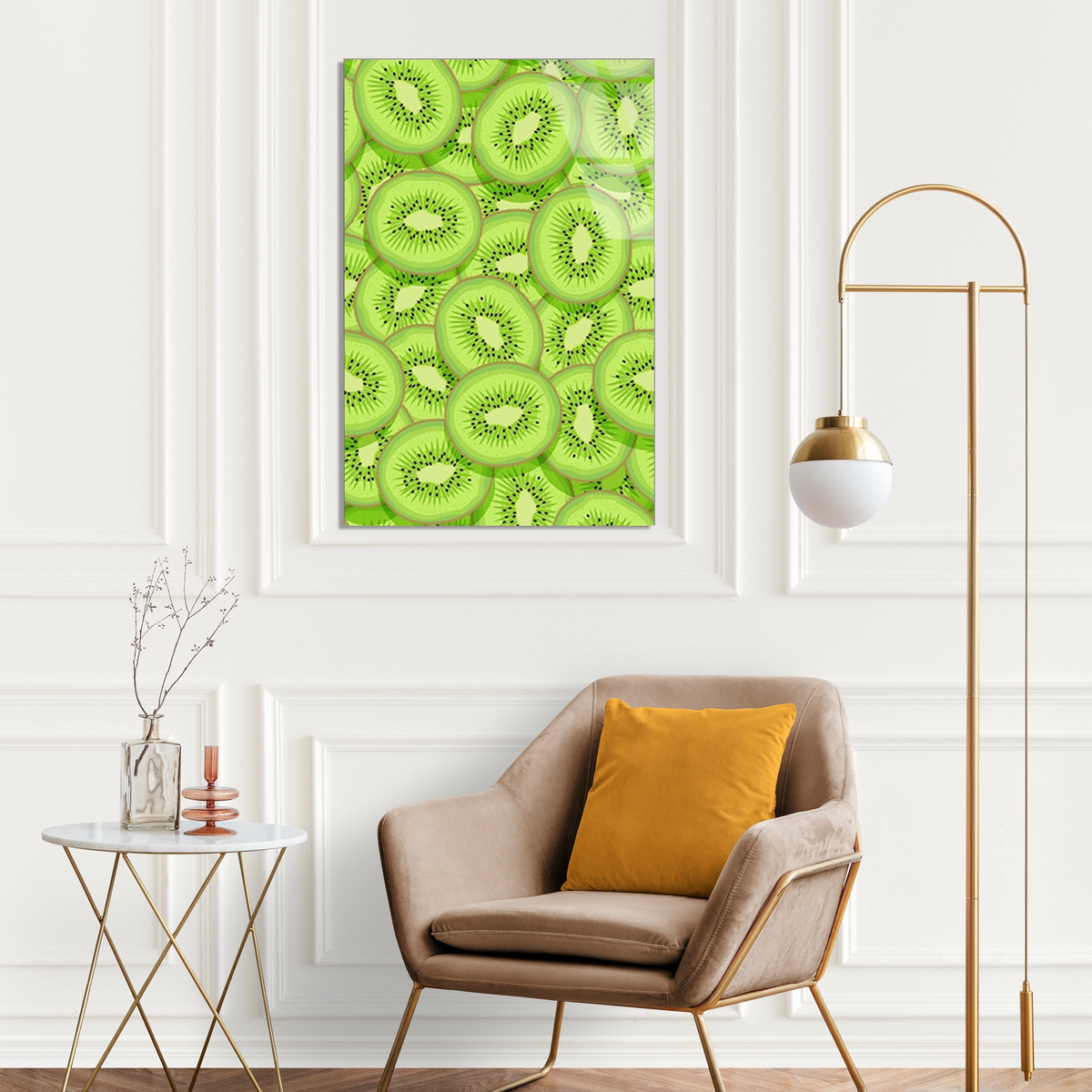 Yesil Kivi Dilimleri Deseni Cam Tablo