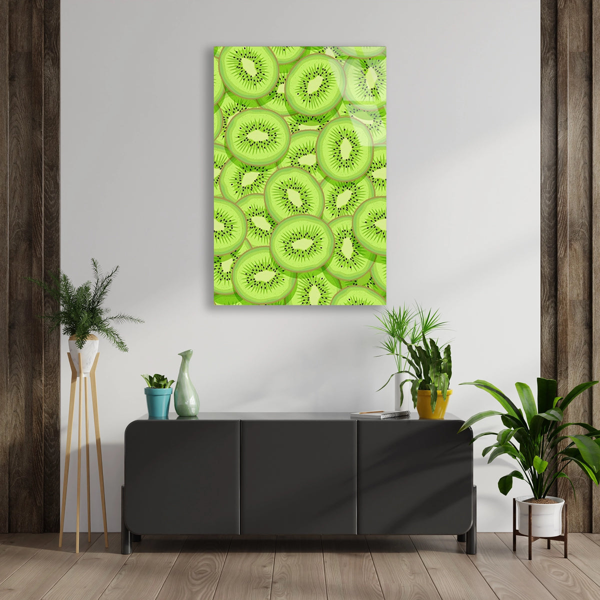 Yesil Kivi Dilimleri Deseni Cam Tablo
