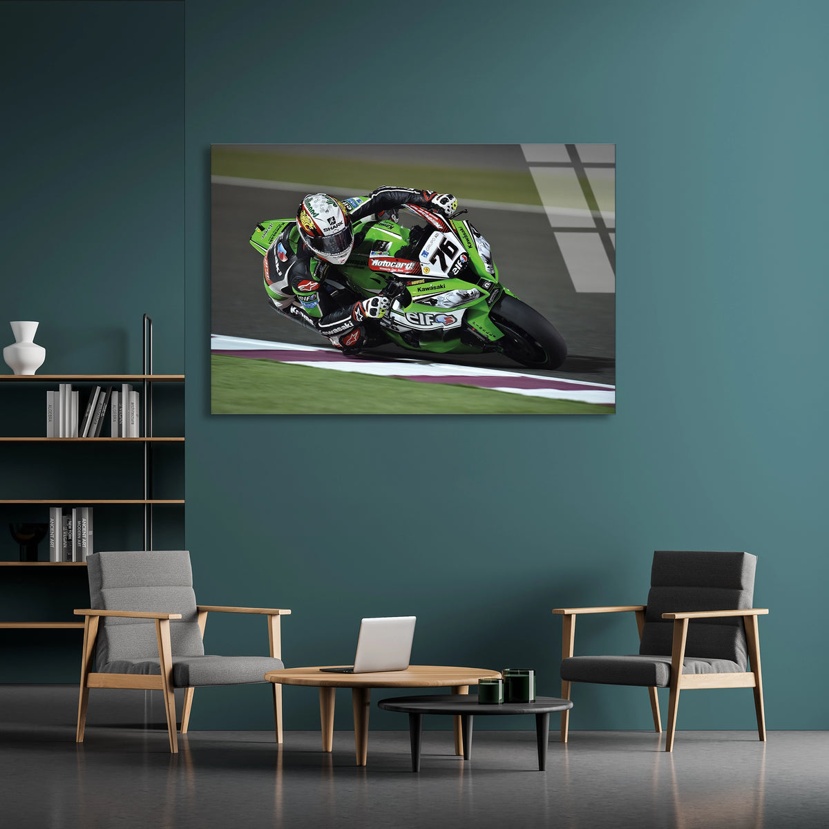 Yeşil Yarış Motosikleti Cam Tablo