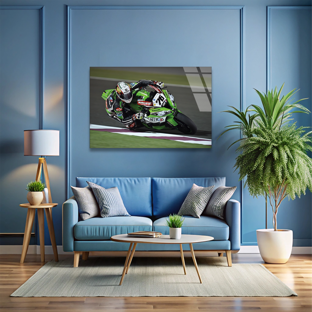 Yeşil Yarış Motosikleti Cam Tablo