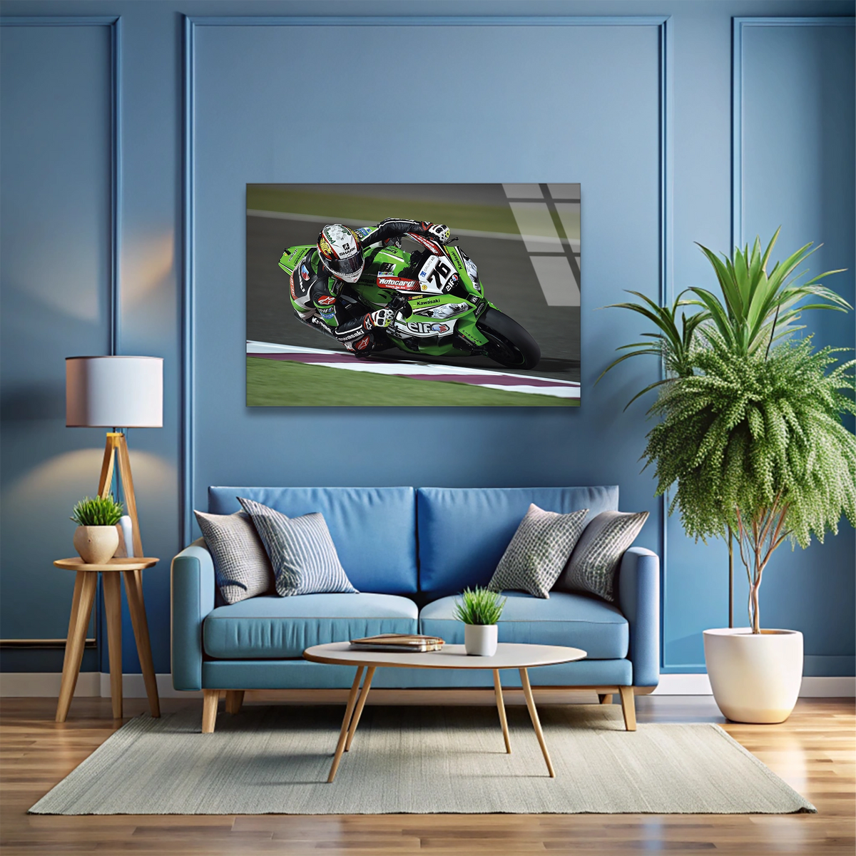 Yeşil Yarış Motosikleti Cam Tablo