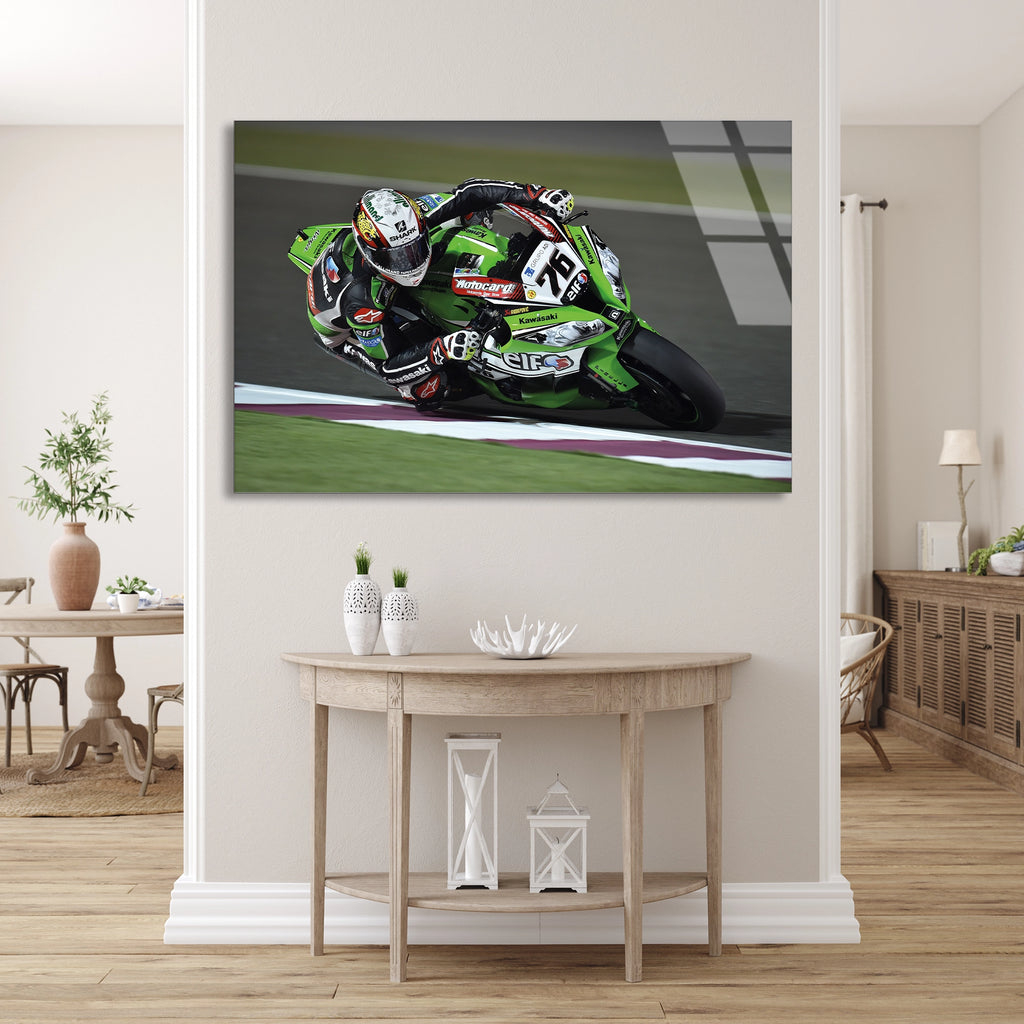 Yeşil Yarış Motosikleti Cam Tablo