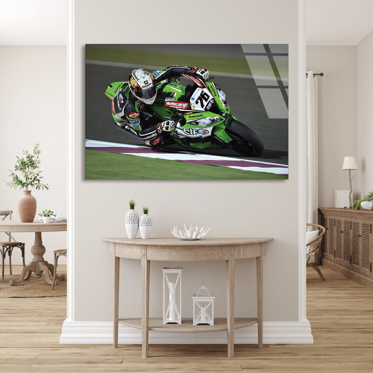 Yeşil Yarış Motosikleti Cam Tablo