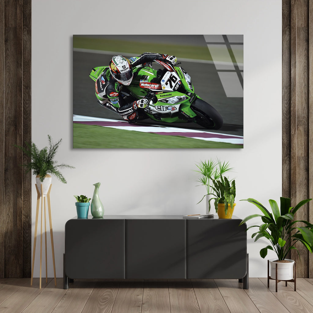 Yeşil Yarış Motosikleti Cam Tablo