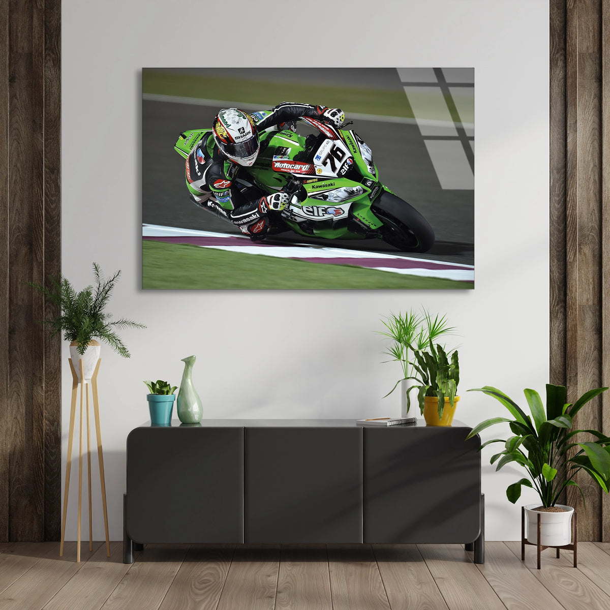 Yeşil Yarış Motosikleti Cam Tablo
