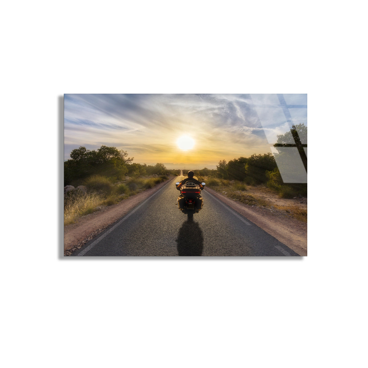Yolda Motosiklet Yolculuk Cam Tablo
